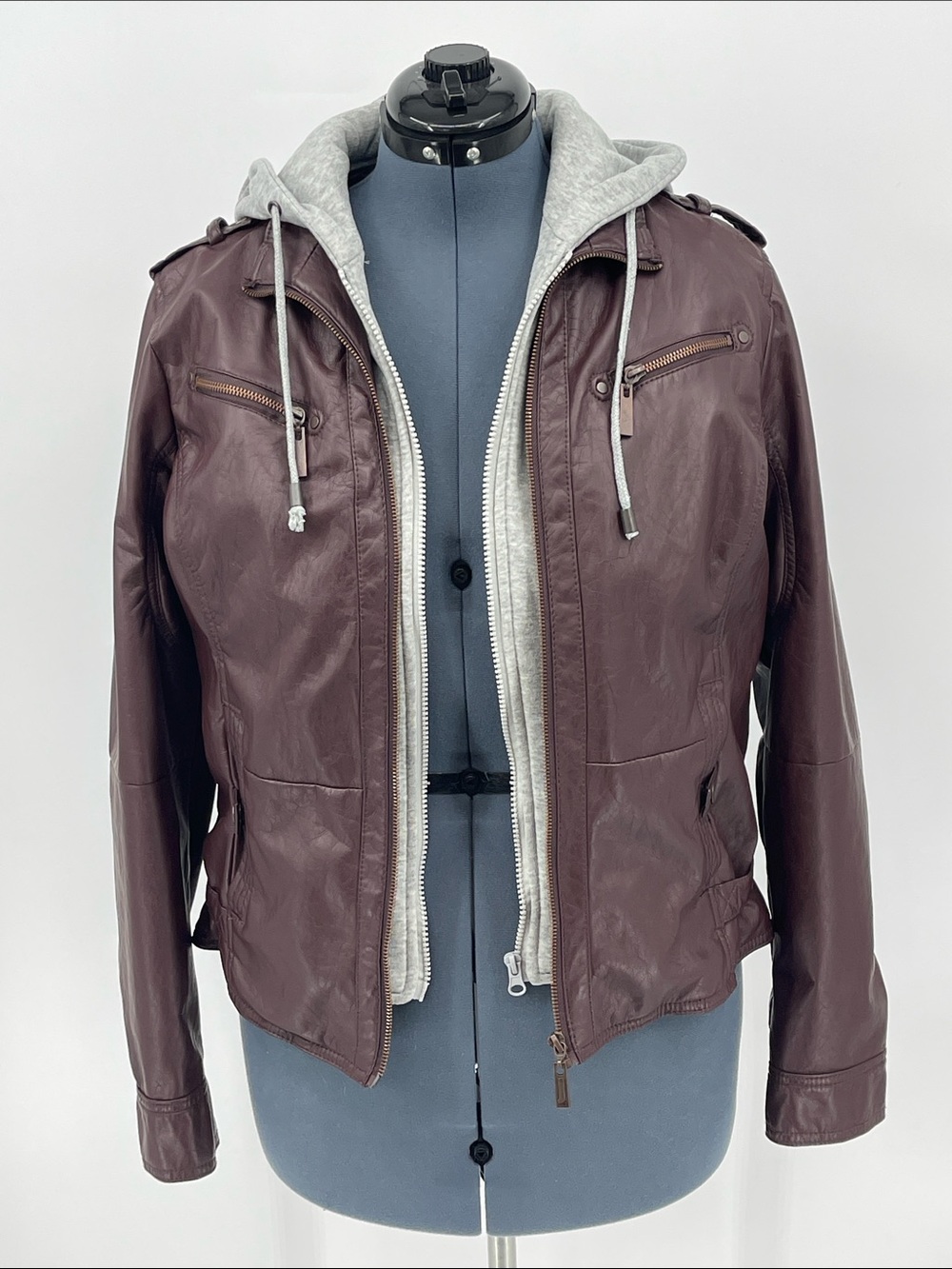 J2 Women's Burgundy Faux Leather Hooded Jacket with Zip Pockets SIZE L